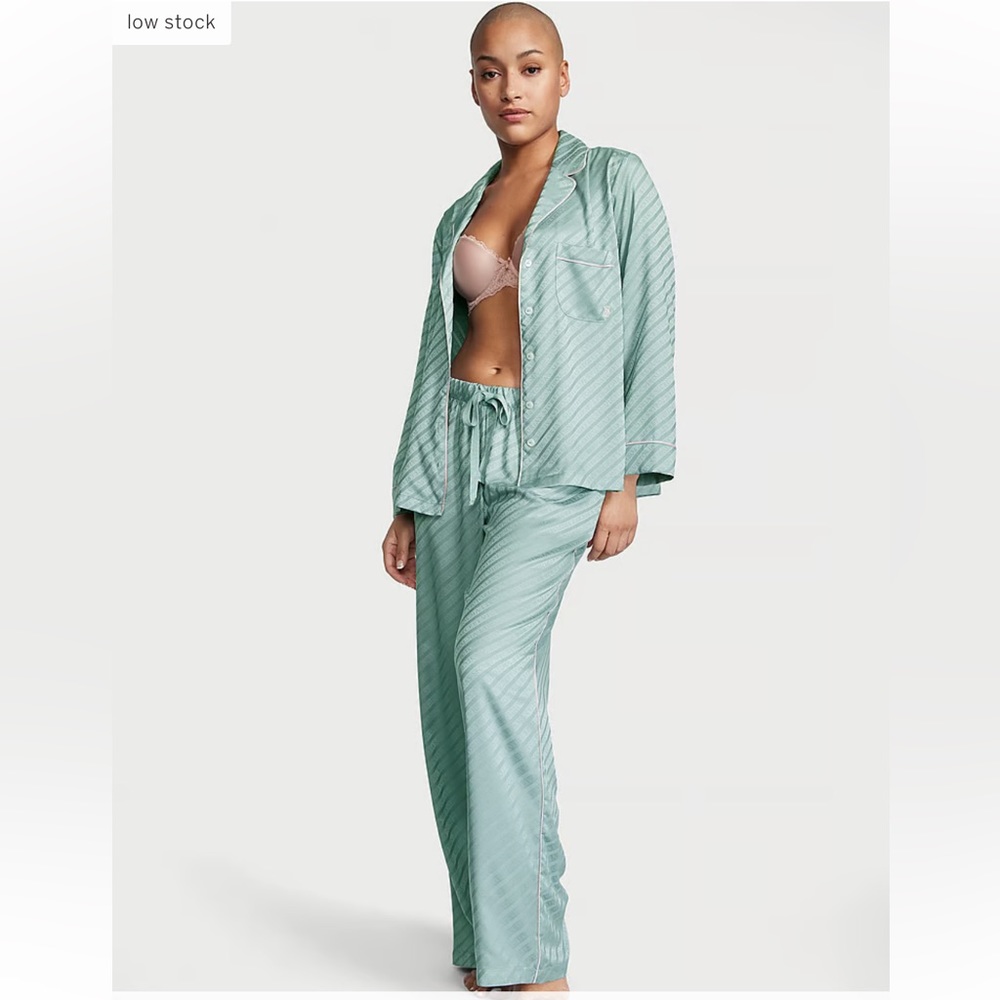 NWT VICTORIA'S SECRET Satin Long Pajama Set Sage Dust - Medium Regular